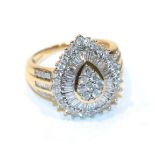 A 14 carat gold pear shaped diamond set plaque ring, finger size O1/2. Gross weight 5.3 grams.