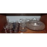 A quantity of glass to include a cut glass bowl; a Victorian rolling pin; jugs; ice plates etc