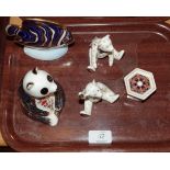 A Royal Crown Derby Imari palette Panda paperweight; an Angel Fish; two Bears and a trinket box (5)