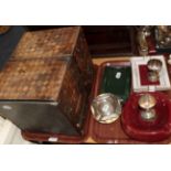 A pair of parquetry collectors cabinets and champagne ash trays; silver cups; and an ash tray made