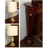 An Edwardian mahogany and satinwood banded plant pedestal, 116cm high; and a pair of decorative