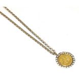 A George III gold spade head guinea dated 1791 mounted as a pendant on chain, chain length 67cm .