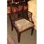 A George III Chinese Chippendale style open armchair, with drop in seat, 61cm wide