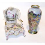Chinoiserie decorated Carlton ware vase; together with a French faience chair