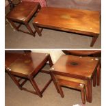 A nest of reproduction hardwood and brass bound nesting tables; a pair of similar square form lamp