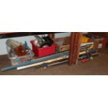 A quantity of various wood working tools, sash clamps, slow speed grind sharpener, a small