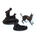 A bronze figure of a hunter and a dog, signed Mene; a bronze figure of a classical male; and a