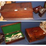 Five 19th century and later, mahogany walnut and other boxes and a small group of plated flatware