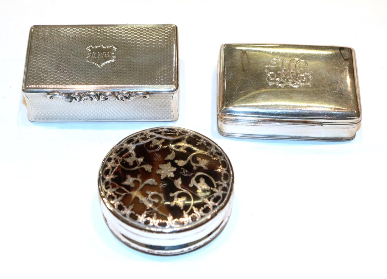 A George III silver snuff-box; A William IV silver snuff-box and a pique inlaid tortoiseshell