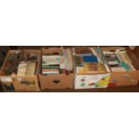 Three boxes of books and a box of tins and artist's palettes etc