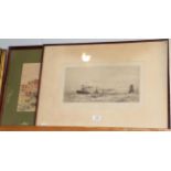 William Lionel Wyllie, Convoy of battleships, signed etching; together with W.H Coates, busy seaside