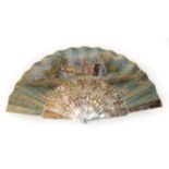 A mid-19th century Mother-of-Pearl fan, the monture carved, pierced and gilded, the gorge sticks