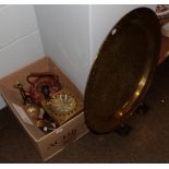 Large Eastern brass tray, copper kettle, brass trivet etc