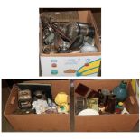 Three boxes of miscellaneous items including Linthorpe pottery, Christopher Dresser style white