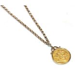 A 1902 full sovereign loose mounted as a pendant on chain, chain length 62cm . Pendant mount
