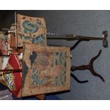 Early 20th tripod pole screen stand with an 18th century needlework panel of a seated shepherdess