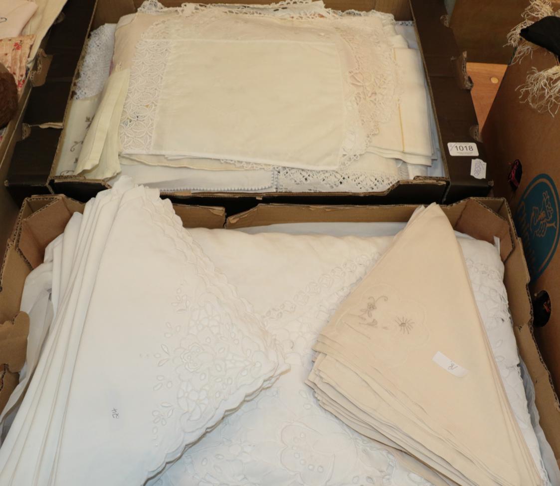 Assorted mixed table linens, including cut work tablecloth, serviettes etc (two boxes)