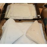 Assorted mixed table linens, including cut work tablecloth, serviettes etc (two boxes)