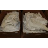 Assorted white bed and table cotton and linen, embroidered textiles etc (two boxes)