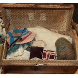 19th century hinged leather mounted dolls trunk with papered lining, enclosing a 19th century blue