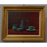 Ray Greenfield (Contemporary), Still life of teapot, cup and saucer, cream jug and sugar bowl,