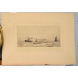 William Lionel Wyllie (1851-1931) Battle cruisers and sail ships, pencil, signed etching, 22cm by