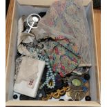Assorted costume jewellery, part buckles, brooches, single masonic cufflink, earrings including clip