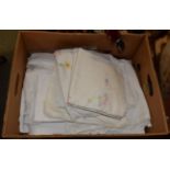 Assorted white linen and textiles, including embroidered examples etc (one box)