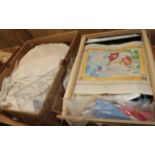 Assorted mixed linens, costume, sewing and embroidery items, embroidery patterns etc (two boxes)