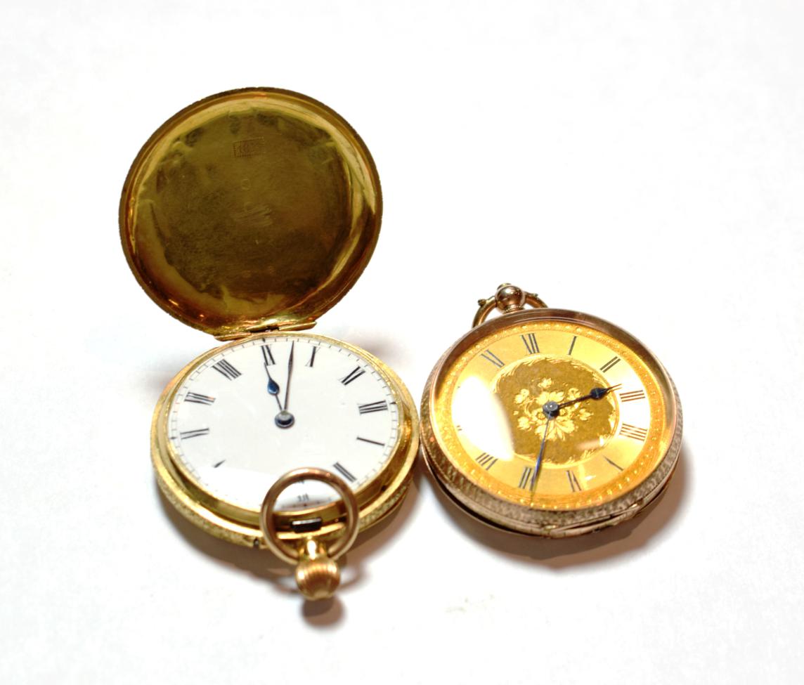 A lady's fob watch stamped 18k and a lady's fob watch stamped 9k