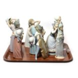 Lladro figures of women and girls, and a boy playing a double bass (10)