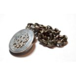 A Victorian locket on chain, locket measures 6.2cm by 4.0cm, chain length 46.5cm . Gross weight 64.6