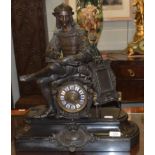 A Victorian black slate spelter striking mantel clock, surmounted by a Shakespearean figure