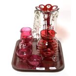 A 19th century ruby flash glass table lustre; and five pieces of Victorian cranberry glass (6)