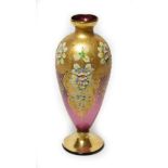 A 19th century Bohemian style pink glass vase with gilt overlay and floral decoration