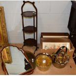 Framed bevelled wall mirror; a set of eight framed French prints; a three-tier cake stand; brass