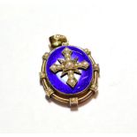 A blue enamel and split pearl locket, a cross motif inset with split pearls, on a blue enamel