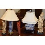 Two 20th century Chinese blue and white vases mounted to table lamps; and two resin figures, one a