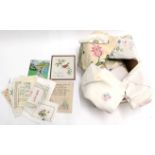 Assorted Embroidered Linens, including five large bed covers, cloths, tray cloths, mounted