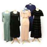 Five Circa 1920's-1930's Evening Dresses, comprising a black chiffon evening dress with gathered