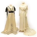 A Edwardian Cream Silk Evening Dress, with black net capped sleeves, with stylish paste appliquéd