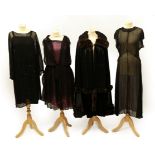 Four Items of Circa 1920's Evening Costume, including a black chiffon long sleeve shift dress with