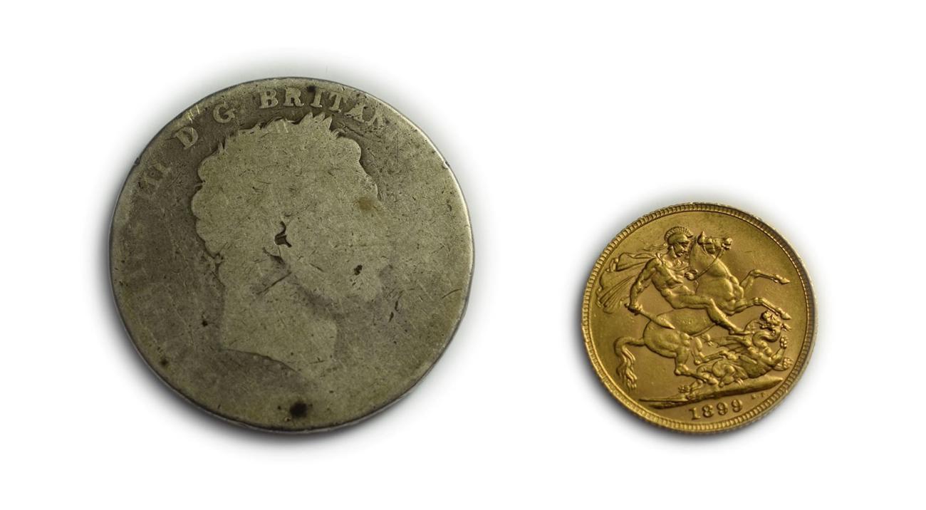 An 1899 Sovereign and a George III Crown (Worn) S3787