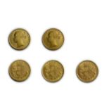 Victoria Shield Back Sovereigns (5) 1863 Die 36, 1869 Die 21, 1873S, 1877S, 1878S, VF - GVF