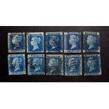 Collection of ten used twopenny blues on stock card