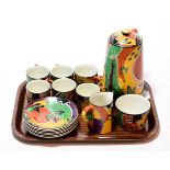 An Art Deco Clarice Cliff style coffee set, abstract pattern, stamped 'Made in England', pattern No.