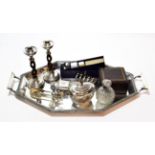 A collection of assorted silver and silver plate, including: an elongated plated octagonal tray, the