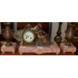 A marble and bronzed striking mantel clock garniture, early 20th century, enamel dial signed Gautier