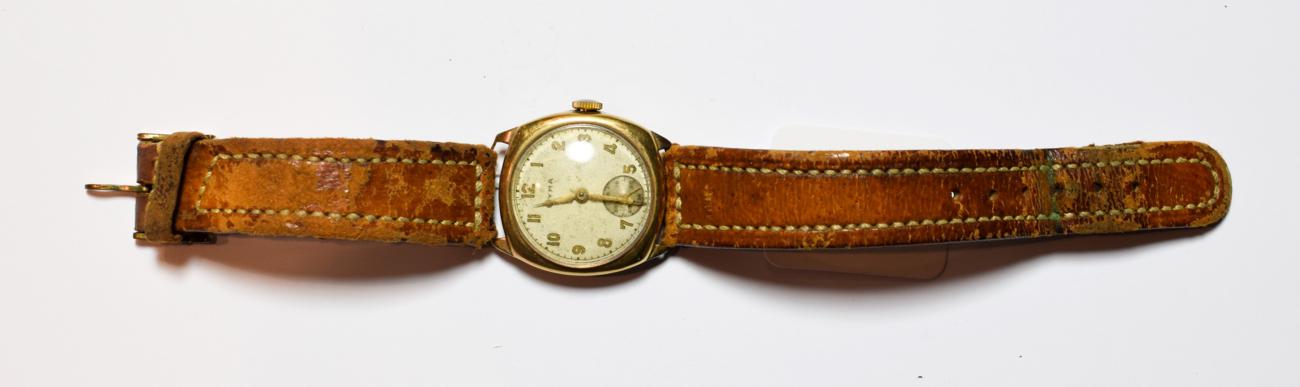 A gent's Cyma 9 carat gold wristwatch, Arabic dial, subsidiary seconds, stamped 375, on leather