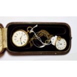 A Continental 18 carat gold cased pocket watch (a.f.) with winder and yellow metal chain; together